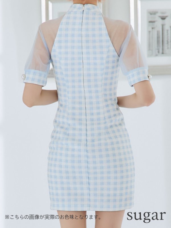 画像9: XSサイズあり【PURESS/ピュアレス】 フロントパールボタン/ シースルーメッシュショルダー/ 袖あり/ 五分袖/ チェック/ タイト/ ミニドレス/ キャバドレス[OF5]