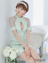 XSサイズあり【PURESS/ピュアレス】 フロントパールボタン/ シースルーメッシュショルダー/ 袖あり/ 五分袖/ チェック/ タイト/ ミニドレス/ キャバドレス[OF5]