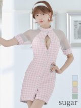 XSサイズあり【PURESS/ピュアレス】 フロントパールボタン/ シースルーメッシュショルダー/ 袖あり/ 五分袖/ チェック/ タイト/ ミニドレス/ キャバドレス[OF5]