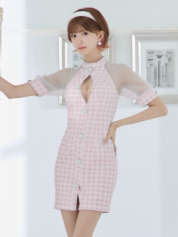 画像24: XSサイズあり【PURESS/ピュアレス】 フロントパールボタン/ シースルーメッシュショルダー/ 袖あり/ 五分袖/ チェック/ タイト/ ミニドレス/ キャバドレス[OF5]