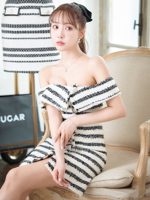 画像5: XSサイズあり【PURESS/ピュアレス】× sugar ボーダー/ オフショルダー/ ボタン/ ビジュー/ ツイード/ フレア/ ミニドレス/ キャバドレス[OF5]