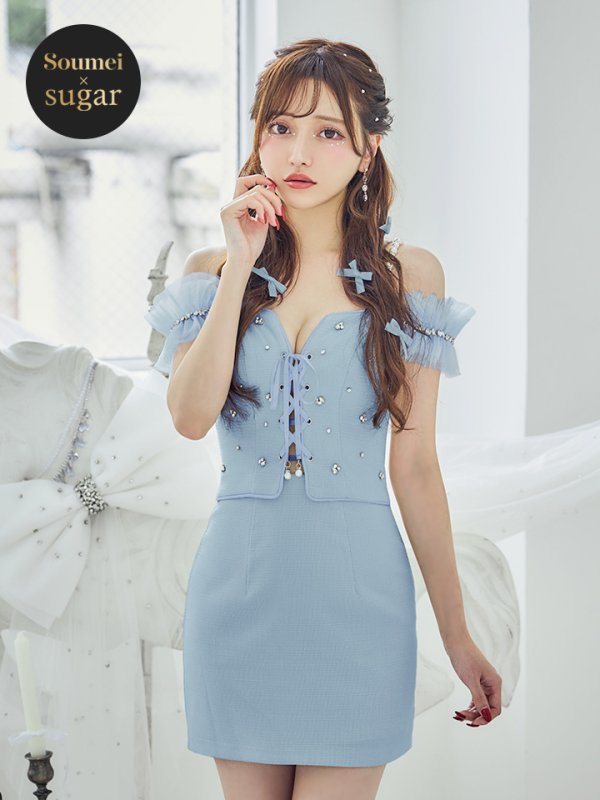 【羽澄まり/関西コレクション着用】XSサイズあり【PURESS/ピュアレス】バストレースアップ/ オフショルダー/ パール/ ビジュー/ マイクロミニ/ ミニドレス/ キャバドレス[OF5]　サックス