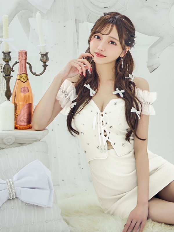 画像5: 【羽澄まり/関西コレクション着用】XSサイズあり【PURESS/ピュアレス】バストレースアップ/ オフショルダー/ パール/ ビジュー/ マイクロミニ/ ミニドレス/ キャバドレス[OF5]