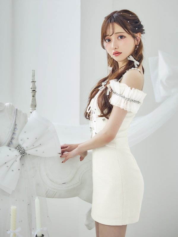 画像9: 【羽澄まり/関西コレクション着用】XSサイズあり【PURESS/ピュアレス】バストレースアップ/ オフショルダー/ パール/ ビジュー/ マイクロミニ/ ミニドレス/ キャバドレス[OF5]