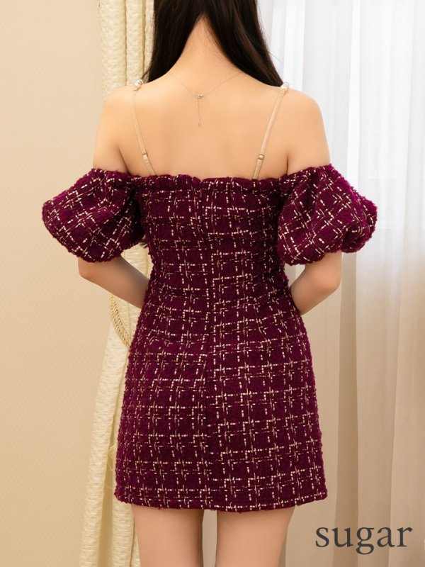 画像14: XSサイズあり【PURESS/ピュアレス】オフショルダー/ チェックツイード/ パフスリーブ/ フレア/ ミニドレス/ キャバドレス[OF5]