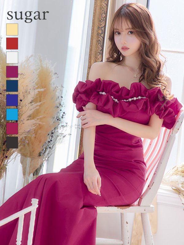 L・XL・XXLサイズあり【Donia Quinn / ドニアクイーン】 マーメイド/ オフショル/ フリル/ パール/ バックスピンドル/ ロングドレス/ キャバドレス クランベリー