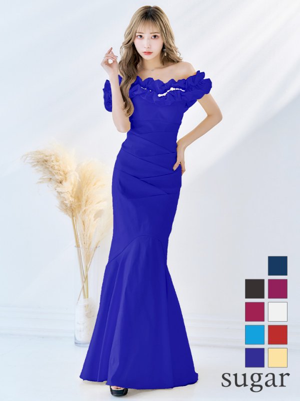 L・XL・XXLサイズあり【Donia Quinn / ドニアクイーン】 マーメイド/ オフショル/ フリル/ パール/ バックスピンドル/ ロングドレス/ キャバドレス ロイヤルブルー