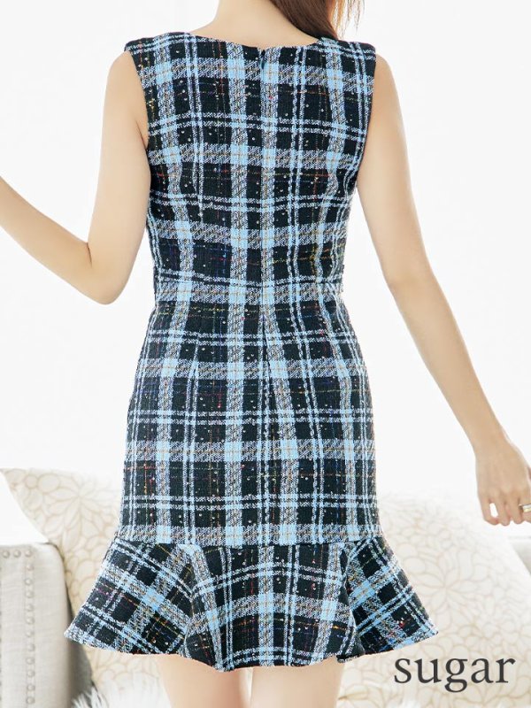 画像4: XSサイズあり【Donia Quinn / ドニアクイーン】 ツイード/ チェック/ フリル/ マーメイド/ レース/ ノースリーブ/ Aライン/ ミニドレス/ キャバドレス[OF05]