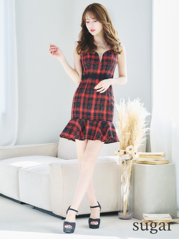 画像6: XSサイズあり【Donia Quinn / ドニアクイーン】 ツイード/ チェック/ フリル/ マーメイド/ レース/ ノースリーブ/ Aライン/ ミニドレス/ キャバドレス[OF05]