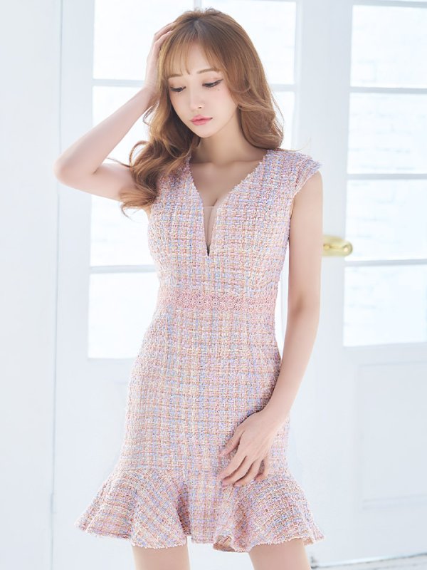 画像12: XS-Lサイズあり【Donia Quinn / ドニアクイーン】 ミックスツイード/ バストシアー/ フリル/ Aライン/ ワンピース/ ミニドレス/ キャバドレス[OF05]