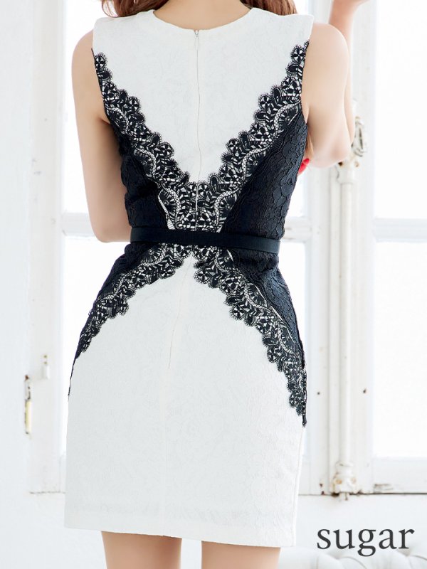 画像9: XSサイズあり【Donia Quinn / ドニアクイーン】 バイカラー/ レース切り替え/ ノースリーブ/ ベルト付き/ タイト/ ミニドレス/ キャバドレス[OF05]