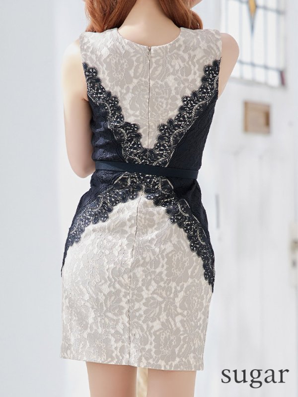 画像17: XSサイズあり【Donia Quinn / ドニアクイーン】 バイカラー/ レース切り替え/ ノースリーブ/ ベルト付き/ タイト/ ミニドレス/ キャバドレス[OF05]