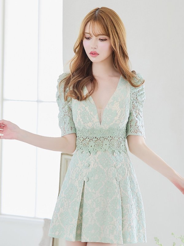 画像43: 【Donia Quinn / ドニアクイーン】 フラワーレース/ 袖あり/ 半袖/ ボックスプリーツ/ Aライン/ フレア/ ミニドレス/ キャバドレス[OF05]