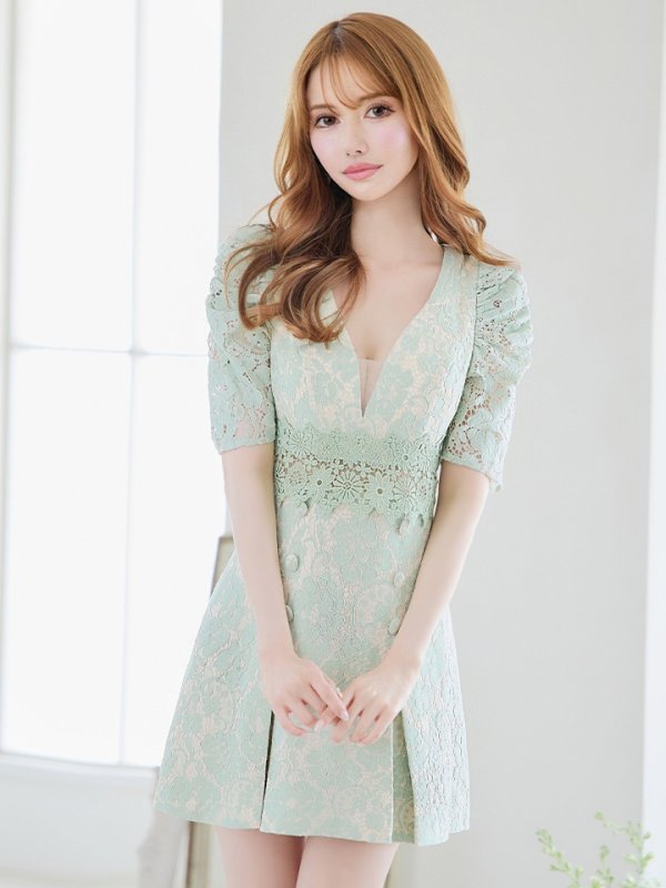 画像45: 【Donia Quinn / ドニアクイーン】 フラワーレース/ 袖あり/ 半袖/ ボックスプリーツ/ Aライン/ フレア/ ミニドレス/ キャバドレス[OF05]