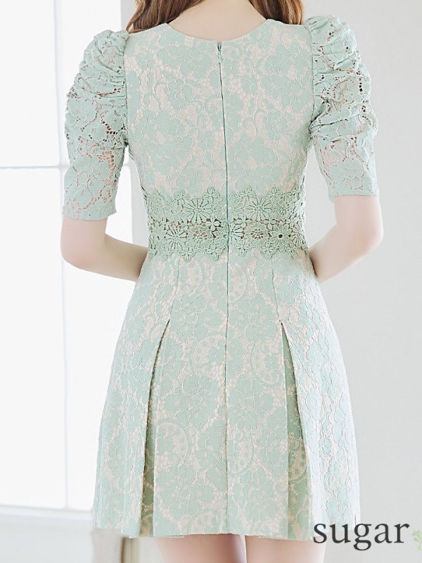 画像48: 【Donia Quinn / ドニアクイーン】 フラワーレース/ 袖あり/ 半袖/ ボックスプリーツ/ Aライン/ フレア/ ミニドレス/ キャバドレス[OF05]