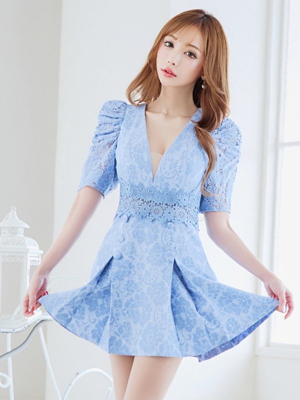 画像33: 【Donia Quinn / ドニアクイーン】 フラワーレース/ 袖あり/ 半袖/ ボックスプリーツ/ Aライン/ フレア/ ミニドレス/ キャバドレス[OF05]