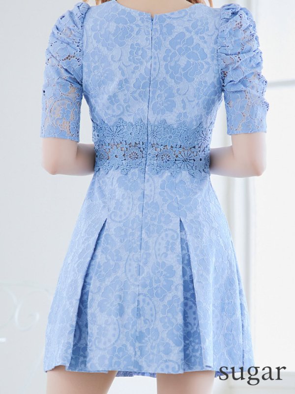 画像39: 【Donia Quinn / ドニアクイーン】 フラワーレース/ 袖あり/ 半袖/ ボックスプリーツ/ Aライン/ フレア/ ミニドレス/ キャバドレス[OF05]