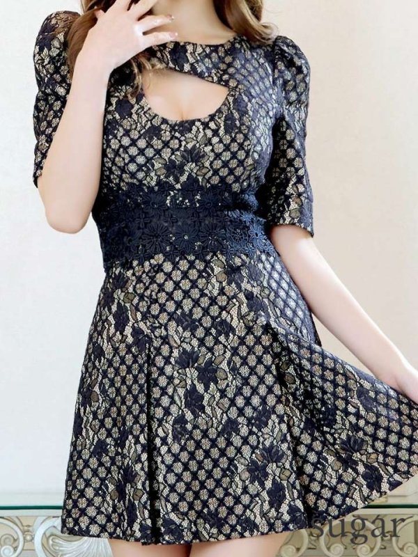 画像19: XS-Lサイズあり【Donia Quinn / ドニアクイーン】 総レース/ バストカット/ 袖あり/ パフスリーブ/ ボタンデザイン/ ボックスプリーツ/ ミニドレス/ キャバドレス[OF05]