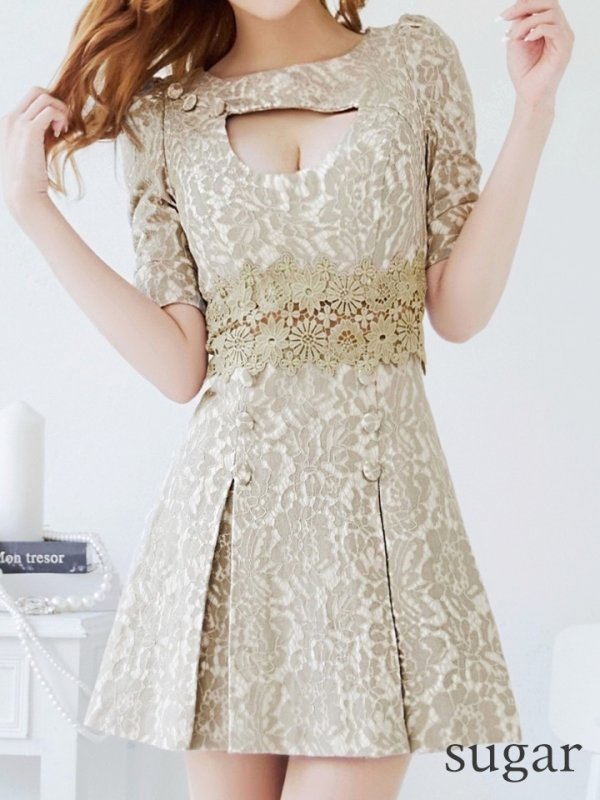 画像8: XS-Lサイズあり【Donia Quinn / ドニアクイーン】 総レース/ バストカット/ 袖あり/ パフスリーブ/ ボタンデザイン/ ボックスプリーツ/ ミニドレス/ キャバドレス[OF05]