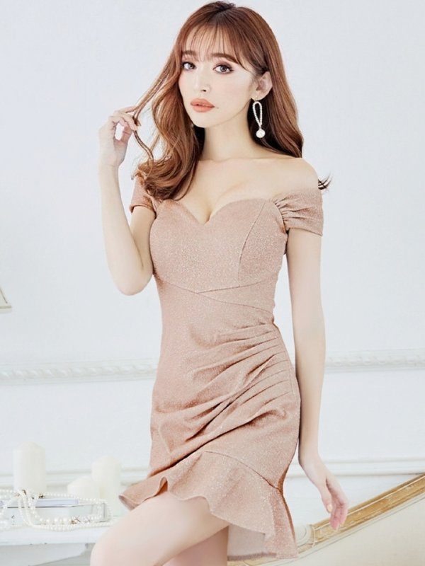 画像11: XSサイズあり【Donia Quinn / ドニアクイーン】 オフショルダー/ マーメイド/ ラメ/ ハートカット/ タック/ 裾フリル/ ミニドレス/ キャバドレス[OF05]