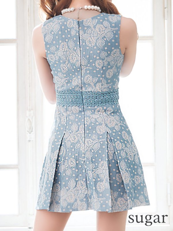 画像36: XS-Lサイズあり【Donia Quinn / ドニアクイーン】 フラワーレース/ ドットレース/ バストギャザー/ パールボタン/ ノースリーブ/ プリーツ/ Aライン/ フレア/ ミニドレス/ キャバドレス[OF05]