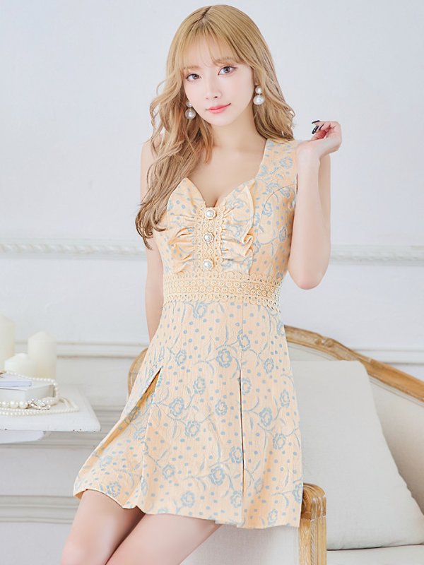 画像13: XS-Lサイズあり【Donia Quinn / ドニアクイーン】 フラワーレース/ ドットレース/ バストギャザー/ パールボタン/ ノースリーブ/ プリーツ/ Aライン/ フレア/ ミニドレス/ キャバドレス[OF05]