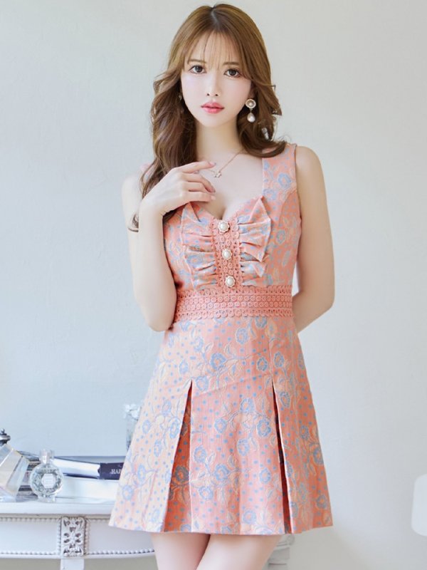 画像5: XS-Lサイズあり【Donia Quinn / ドニアクイーン】 フラワーレース/ ドットレース/ バストギャザー/ パールボタン/ ノースリーブ/ プリーツ/ Aライン/ フレア/ ミニドレス/ キャバドレス[OF05]