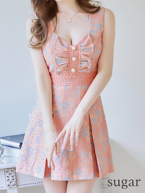 画像8: XS-Lサイズあり【Donia Quinn / ドニアクイーン】 フラワーレース/ ドットレース/ バストギャザー/ パールボタン/ ノースリーブ/ プリーツ/ Aライン/ フレア/ ミニドレス/ キャバドレス[OF05]