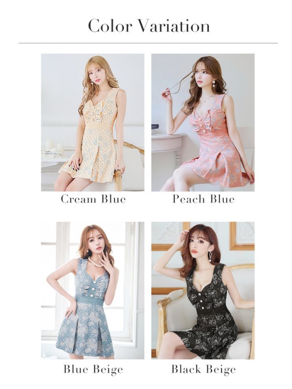 画像37: XS-Lサイズあり【Donia Quinn / ドニアクイーン】 フラワーレース/ ドットレース/ バストギャザー/ パールボタン/ ノースリーブ/ プリーツ/ Aライン/ フレア/ ミニドレス/ キャバドレス[OF05]