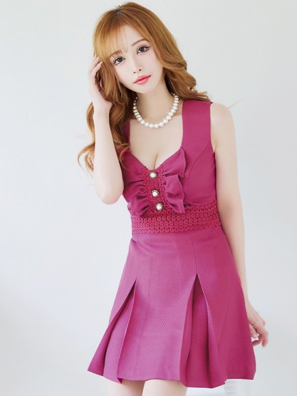 画像4: XS-Lサイズあり【Donia Quinn / ドニアクイーン】 バストフリル/ パールボタン/ ノースリーブ/ ウエストレース/ Aライン/ ミニドレス/ キャバドレス[OF05]