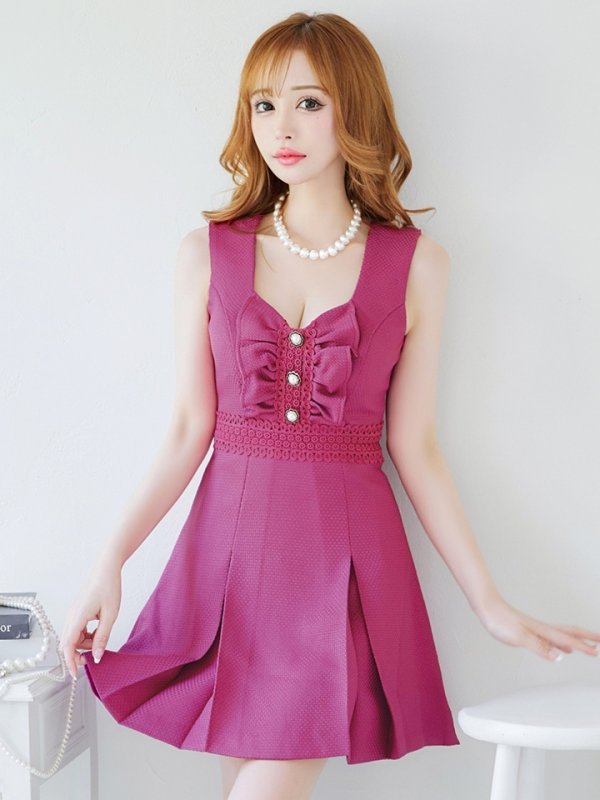 画像5: XS-Lサイズあり【Donia Quinn / ドニアクイーン】 バストフリル/ パールボタン/ ノースリーブ/ ウエストレース/ Aライン/ ミニドレス/ キャバドレス[OF05]