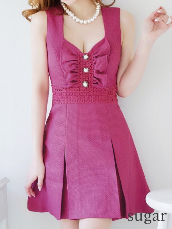 画像8: XS-Lサイズあり【Donia Quinn / ドニアクイーン】 バストフリル/ パールボタン/ ノースリーブ/ ウエストレース/ Aライン/ ミニドレス/ キャバドレス[OF05]