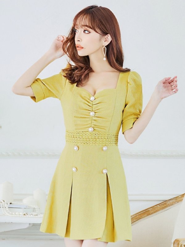 画像21: XSサイズあり【Donia Quinn / ドニアクイーン】 パールボタン/ バストギャザー/ パフスリーブ/ 袖あり/ 半袖/ ボックスプリーツ/ Aライン/ フレア/ ミニドレス/ キャバドレス[OF05]