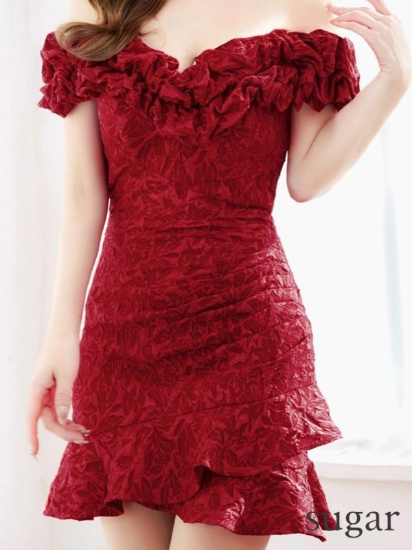 画像38: XS-Lサイズあり【Donia Quinn / ドニアクイーン】 フリル/ タック/ オフショルダー/ タイト/ ミニドレス/ キャバドレス[OF05]