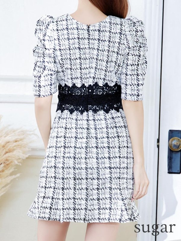 画像9: XS-Lサイズあり【Donia Quinn / ドニアクイーン】 チェックツイード/ フラワーレース/ 袖あり/ 半袖/ パフスリーブ/ マーメイド/ ミニドレス/ キャバドレス[OF05]