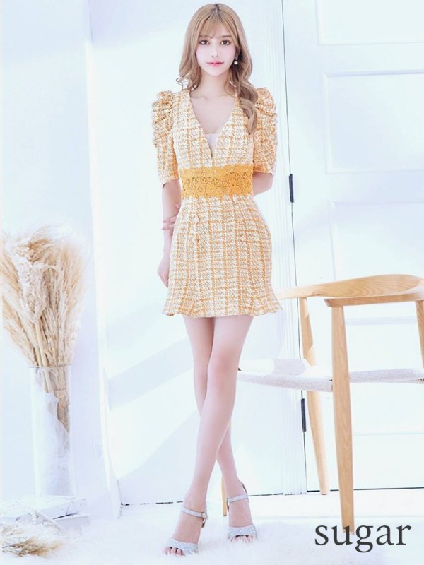 画像26: XS-Lサイズあり【Donia Quinn / ドニアクイーン】 チェックツイード/ フラワーレース/ 袖あり/ 半袖/ パフスリーブ/ マーメイド/ ミニドレス/ キャバドレス[OF05]