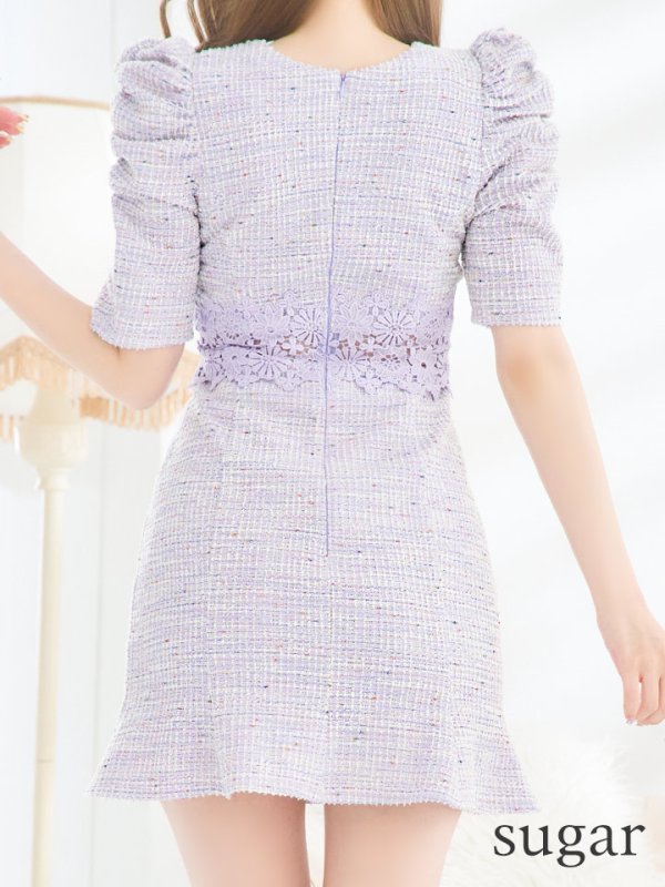 画像9: XS-Lサイズあり【Donia Quinn / ドニアクイーン】 ツイード/ フラワーレース/ 袖あり/ パフスリーブ/ バストカット/ ボックスプリーツ/ ミニドレス/ キャバドレス[OF05]