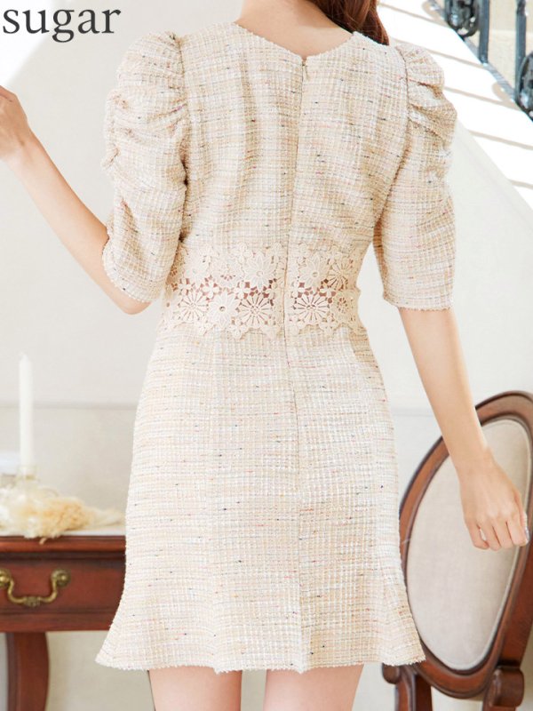 画像19: XS-Lサイズあり【Donia Quinn / ドニアクイーン】 ツイード/ フラワーレース/ 袖あり/ パフスリーブ/ バストカット/ ボックスプリーツ/ ミニドレス/ キャバドレス[OF05]