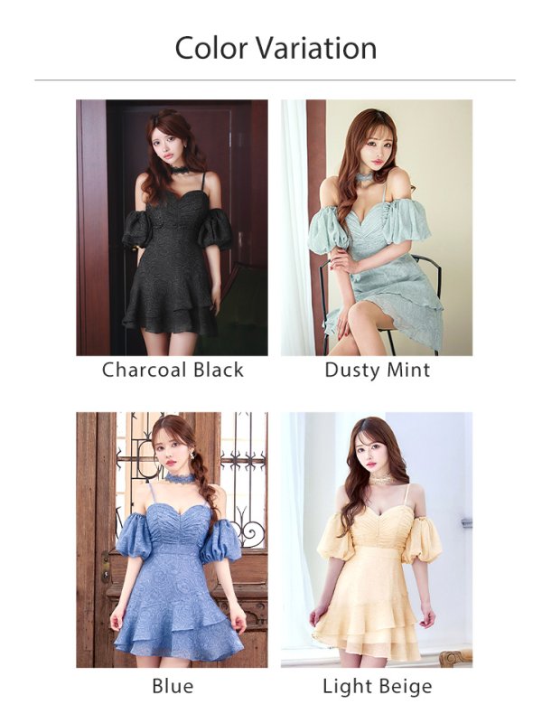 画像37: XS-Lサイズあり【Donia Quinn / ドニアクイーン】 オフショル/ リップル生地/ 花柄/ チョーカー付き/ バストギャザー/ フレア/ ミニドレス/ キャバドレス[OF05]