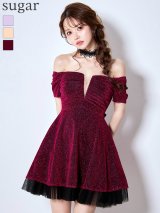 XS-Lサイズあり【Donia Quinn / ドニアクイーン】 ラメ/ オフショル/ ネックアクセサリー/ ストレッチ/ フレア/ ワンピース/ ミニドレス/ キャバドレス[OF05]