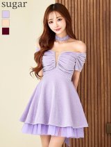 XS-Lサイズあり【Donia Quinn / ドニアクイーン】 ラメ/ オフショル/ ネックアクセサリー/ ストレッチ/ フレア/ ワンピース/ ミニドレス/ キャバドレス[OF05]