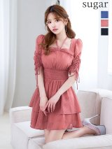 XS-Lサイズあり【Donia Quinn / ドニアクイーン】 ドット/ 袖付き/ シャーリング/ 2段フリル/ スクエアネック/ ティアード/ ウエストマーク/ ストレッチ/ フレア/ ミニドレス/ キャバドレス[OF05]