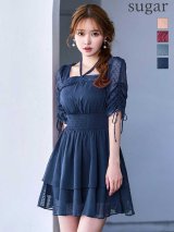 XS-Lサイズあり【Donia Quinn / ドニアクイーン】 ドット/ 袖付き/ シャーリング/ 2段フリル/ スクエアネック/ ティアード/ ウエストマーク/ ストレッチ/ フレア/ ミニドレス/ キャバドレス[OF05]