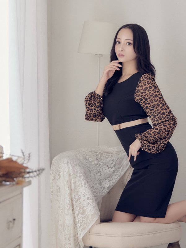 画像3: 【VELIQUE/ヴェリーク】ワンカラー/ レオパード/ タイト/ 長袖/ 袖あり/ ミディアム/キャバドレス【HC02】