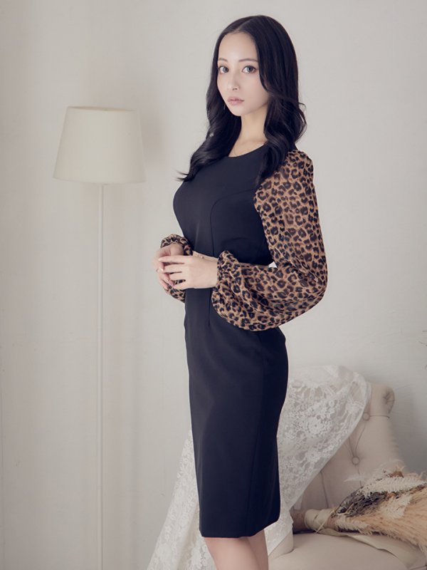 画像4: 【VELIQUE/ヴェリーク】ワンカラー/ レオパード/ タイト/ 長袖/ 袖あり/ ミディアム/キャバドレス【HC02】