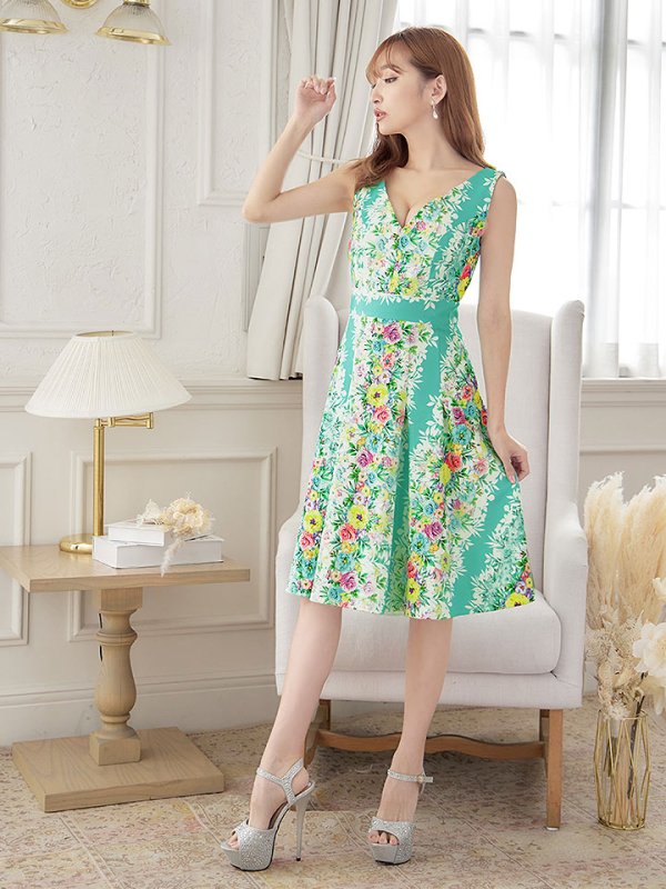画像3: 【VELIQUE/ヴェリーク】フラワープリント/ マルチカラー/ Vネック/ Aライン/ ワンピース/ ミディアム丈/ キャバドレス【HC02】