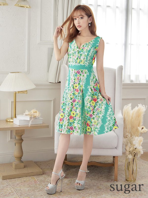 画像7: 【VELIQUE/ヴェリーク】フラワープリント/ マルチカラー/ Vネック/ Aライン/ ワンピース/ ミディアム丈/ キャバドレス【HC02】