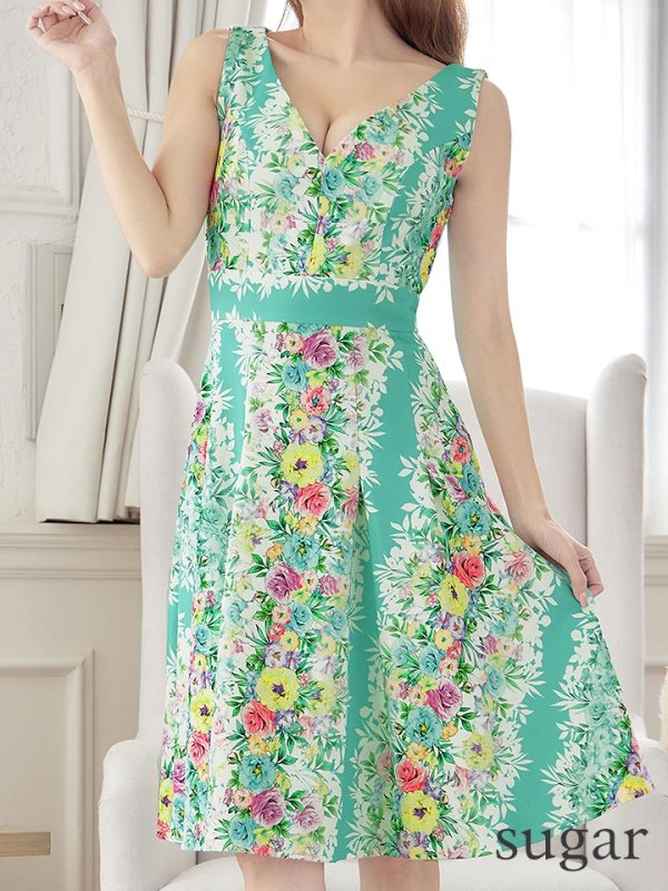 画像8: 【VELIQUE/ヴェリーク】フラワープリント/ マルチカラー/ Vネック/ Aライン/ ワンピース/ ミディアム丈/ キャバドレス【HC02】
