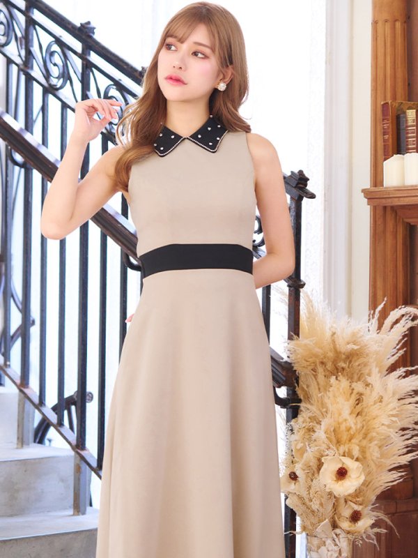 画像6: 【VELIQUE/ヴェリーク】襟付き/ バイカラー/ ビジュー/ ノースリーブ/ ハイウエスト切替/ Aライン/ ロングドレス/ キャバドレス/ long【HC02】