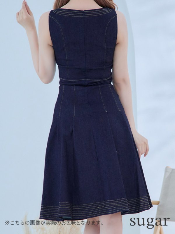 画像9: 【VELIQUE/ヴェリーク】デニム生地/ ノースリーブ/ ステッチ/ タック/ ひざ丈/ フレア/ ワンピース/ ミディアムドレス/ キャバドレス【HC02】
